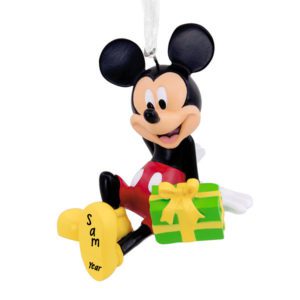 Image of Personalized Mickey Mouse Sitting With Green Gift Ornament