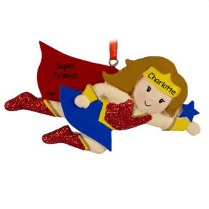 Image of Personalized Super Friend Girl Wearing Cape Glittered Ornament