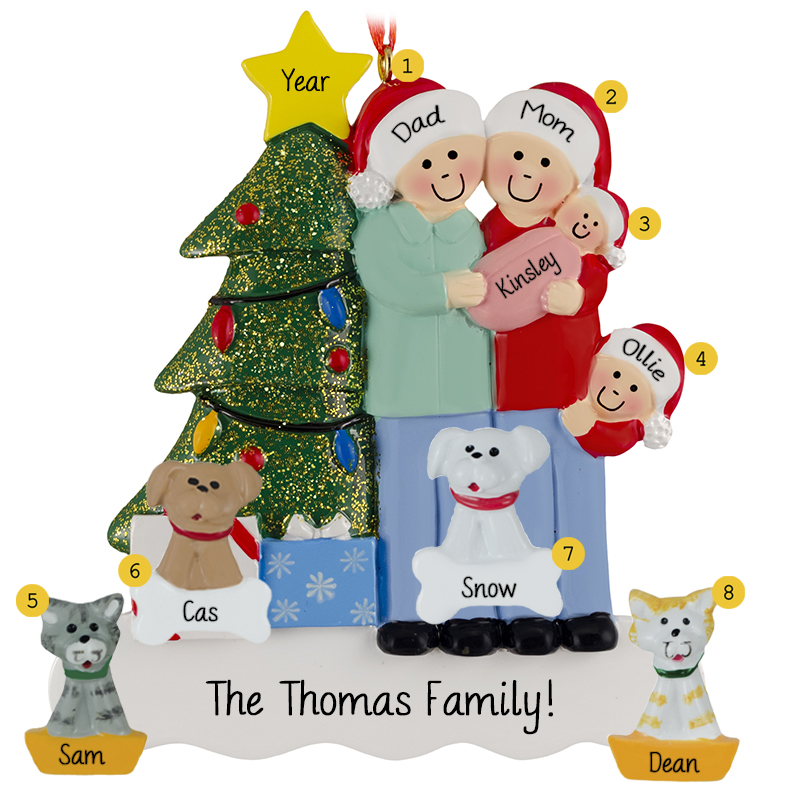Family Of 4 With 4 Or More Pets - Personalized Ornaments For You