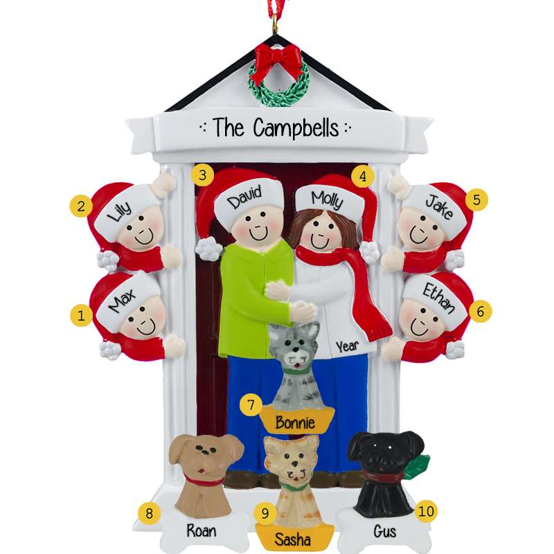 Personalized Festive Door Family Of 6 And 4 Pets Ornament BRUNETTE ...