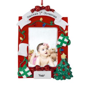 Image of Baby Girl's Christmas RED Photo Frame Glittered Bow Easel Back Ornament