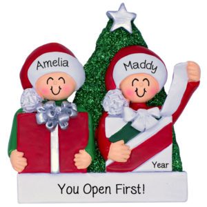 Image of Personalized Two Siblings Opening Presents Glittered Tree Ornament