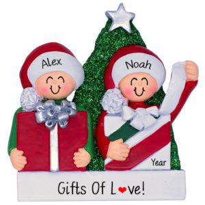 Image of Personalized LGBTQ Couple Opening Presents Glittered Tree Ornament