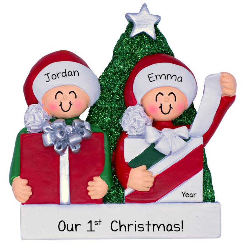 Personalized Couple's 1st Christmas Opening Presents Glittered Tree ...
