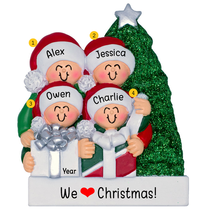 Personalized Family Of 4 Opening Presents Glittered Tree Ornament ...