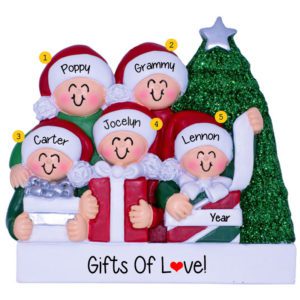 Image of Personalized Family Of 5 Opening Presents Glittered Tree Ornament