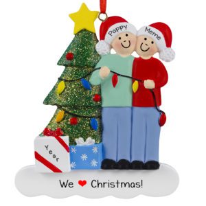 Image of Grandparents With Hats Decorating Tree Glittered Personalized Ornament