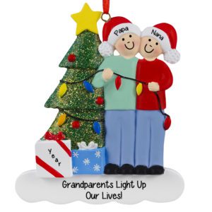Image of Personalized Grandparents Wearing Santa Hats And Stringing Lights Ornament