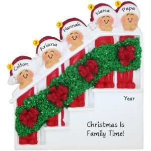 Image of Personalized Grandparents And 3 Grandkids On Christmasy Stairs Ornament