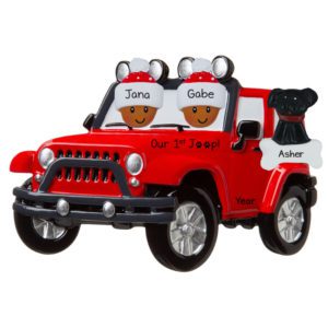 Image of Personalized African American Couple In RED Jeep With Dog Ornament