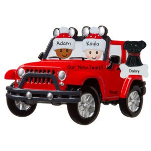 Image of Personalized Interracial Couple In RED Jeep With Dog Ornament