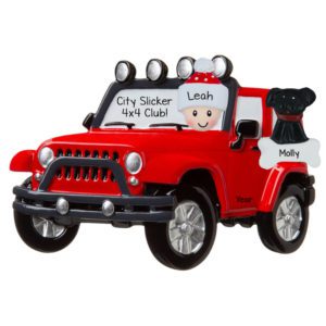 Image of PERSON Driving RED Jeep With Dog Personalized Ornament