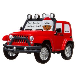 Image of Personalized African American Driving RED Jeep 4X4 Ornament