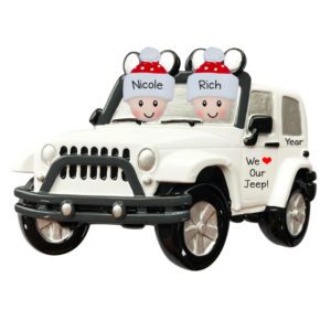 Image of Personalized Couple Driving WHITE Jeep 4 X 4 Ornament