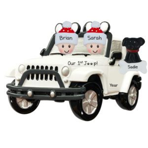 Image of Personalized Couple Driving WHITE Jeep With Dog Ornament