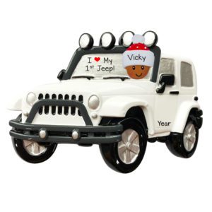 Image of Personalized African American Driving WHITE Jeep 4 X 4 Ornament