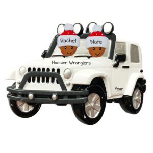 Image of Personalized African American Couple Driving WHITE Jeep 4 X 4 Ornament