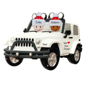 Image of Personalized Interracial Couple Driving WHITE Jeep 4 X 4 Ornament