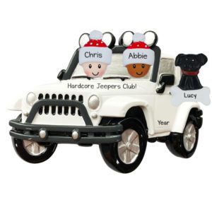 Image of Personalized Interracial Couple Driving WHITE Jeep With Dog Ornament