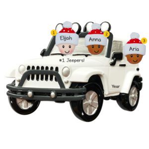 Image of Personalized Interracial Family Of 3 Driving WHITE Jeep Ornament