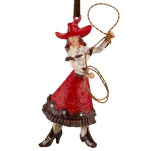 Image of Personalized Cowgirl Holding Lasso Ornament RED SKIRT