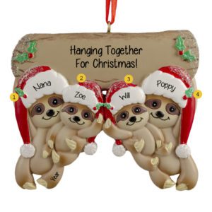 Image of Personalized Sloth Grandparents With 2 Grandkids Glittered Ornament