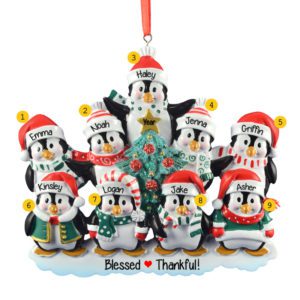 Image of Personalized 9 Grandkids Penguins Around Christmas Tree Ornament
