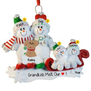 Image of Grandparents And 2 Kids Snowmen On Sled With Pet Personalized Ornament