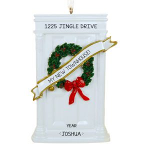 Image of Personalized New Townhouse WHITE Door Glittered Wreath Ornament
