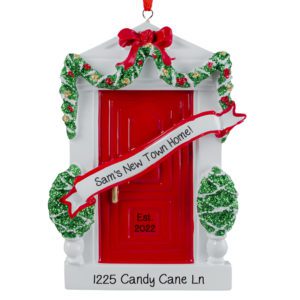 Image of Personalized New Townhome RED Front Door With Banner Ornament