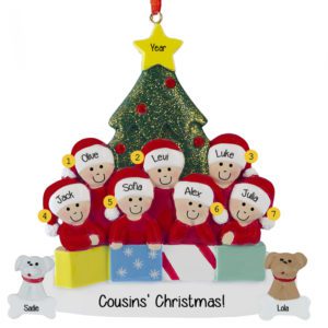 Image of Personalized 7 Cousins With 2 Pets And Presents Glittered Tree Ornament