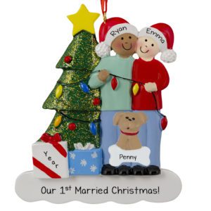 Image of African American MALE And Caucasian FEMALE With Pet 1st Married Christmas Ornament
