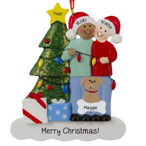 Image of African American MALE And Caucasian FEMALE With Pet Glittered Tree Ornament