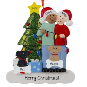 Image of African American MALE And Caucasian FEMALE With 2 Pets Glittered Tree Ornament