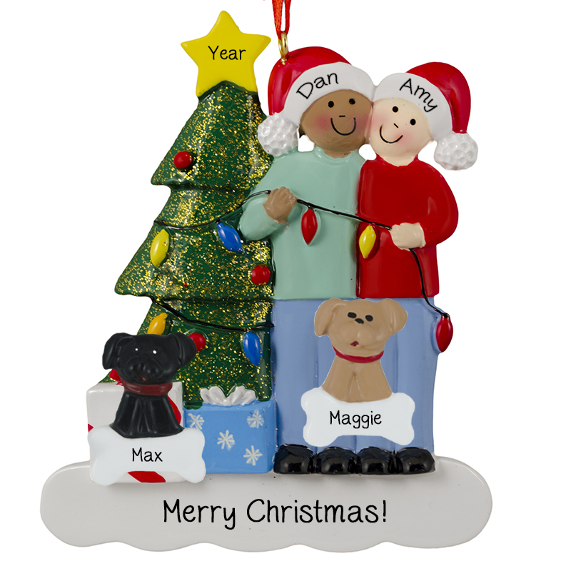 African American MALE And Caucasian FEMALE With 2 Pets Glittered Tree ...