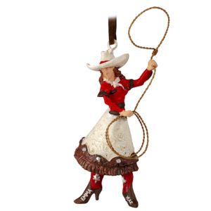 Image of Personalized Cowgirl Holding Lasso Ornament WHITE SKIRT