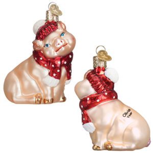 Image of Personalized Pink Pig Wearing RED Scarf 3-D Glittered Ornament