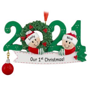 Image of Personalized 2021 Our 1st Christmas Glittered GREEN Wreath Ornament