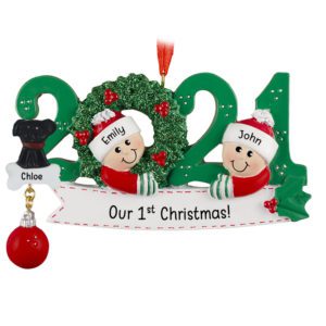 Image of 2021 Couple's 1st Christmas With Pet GREEN Glittered Wreath Ornament
