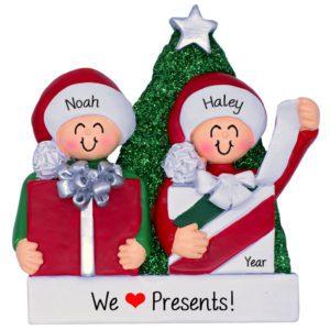 Image of Couple Opening Presents Together Glittered Tree Personalized Ornament