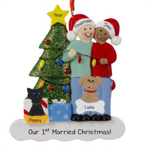 Image of Caucasian MALE And African American FEMALE With 2 Pets 1st Married Christmas Ornament