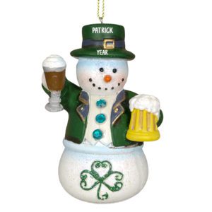 Image of Irish Snowman Holding Two Beers Glittered Personalized Ornament