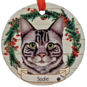 Image of SILVER Tabby Cat Personalized Ceramic Wreath Ornament