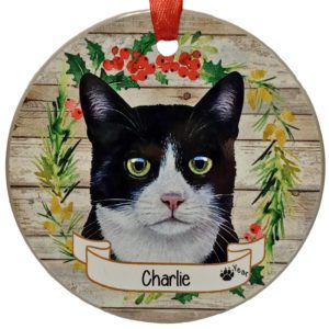 Image of BLACK And WHITE Cat Personalized Ceramic Wreath Ornament