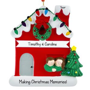 Image of Personalized Couple In Festive RED House Ornament BRUNETTES