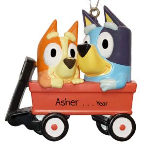 Image of Bingo And Bluey In Red Wagon Personalized Ornament