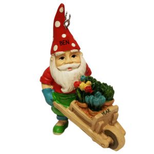 Image of Personalized Garden Gnome Pushing WHEEL BARROW 3-D Ornament