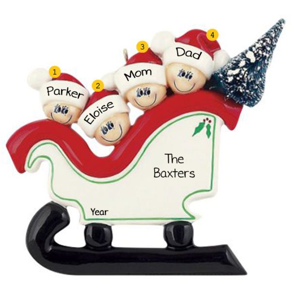 Personalized Family Of 4 In Christmasy Sleigh Ornament - Personalized ...