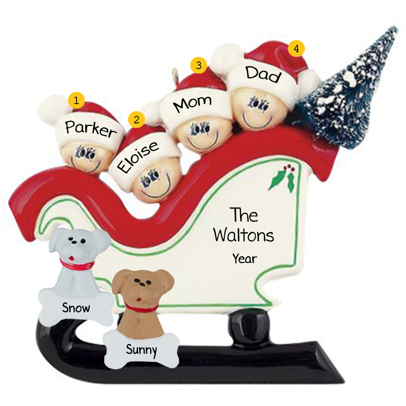 Personalized Family Of 4 With 2 Pets In Christmasy Sleigh Ornament ...