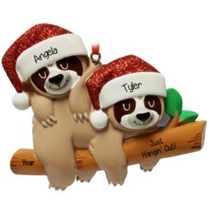 Image of Personalized Sloth Couple On Branch Glittered Caps Ornament